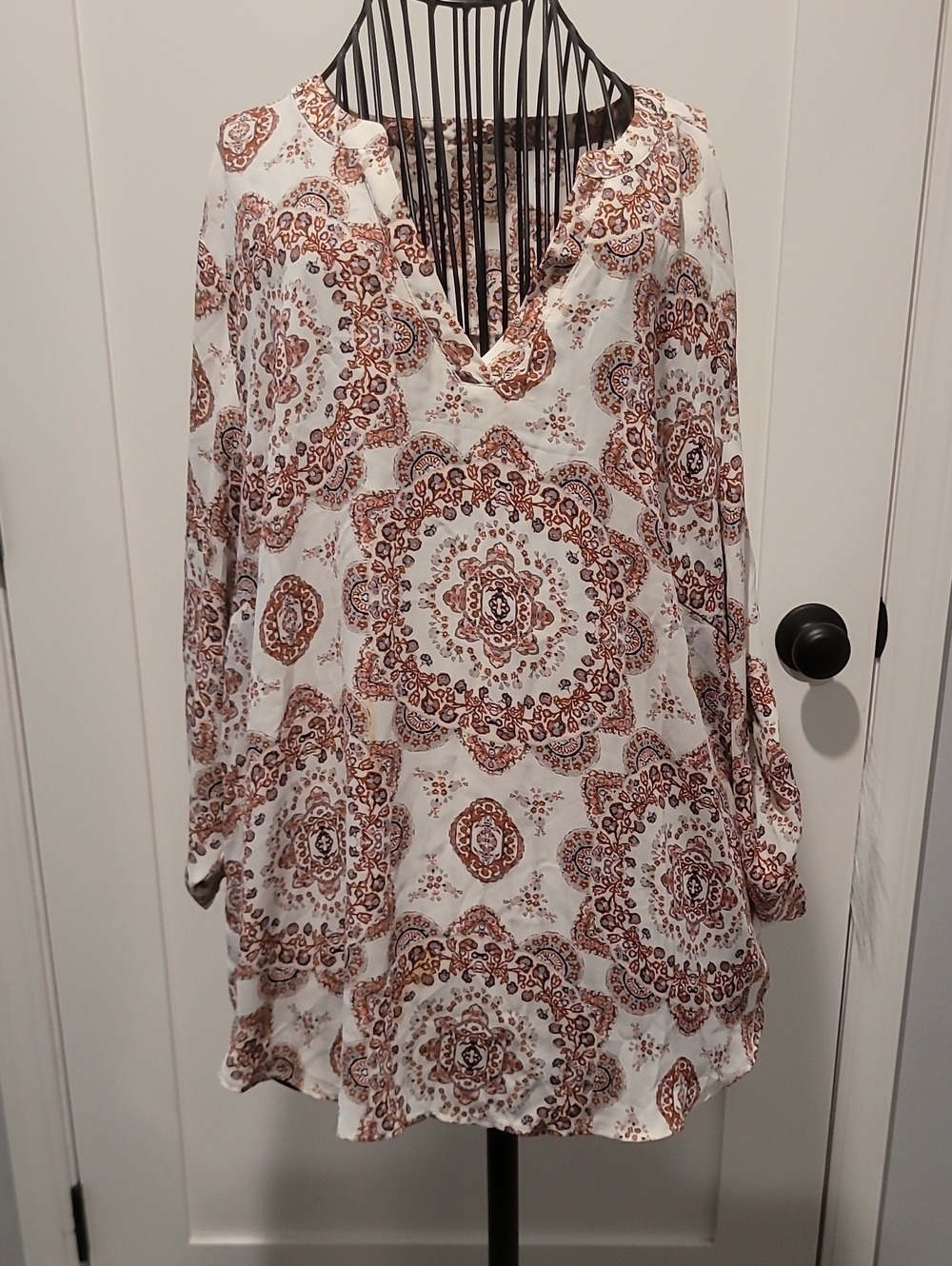 Maurices Women’s White and Brown Medallion V-Neck Blouse